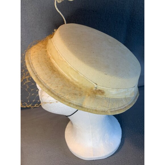 Ladies Ivory Hat with Velvet Trim and Doily Crystal Accent Hat Vintage Sz 22 - Picture 4 of 9